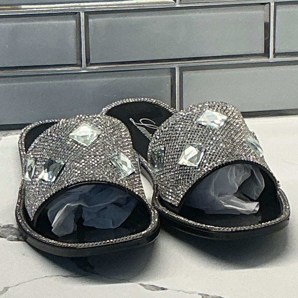 Lauren Lorraine Bianca Black Rhinestone Crystal Embellished Slide Sandals Size 7